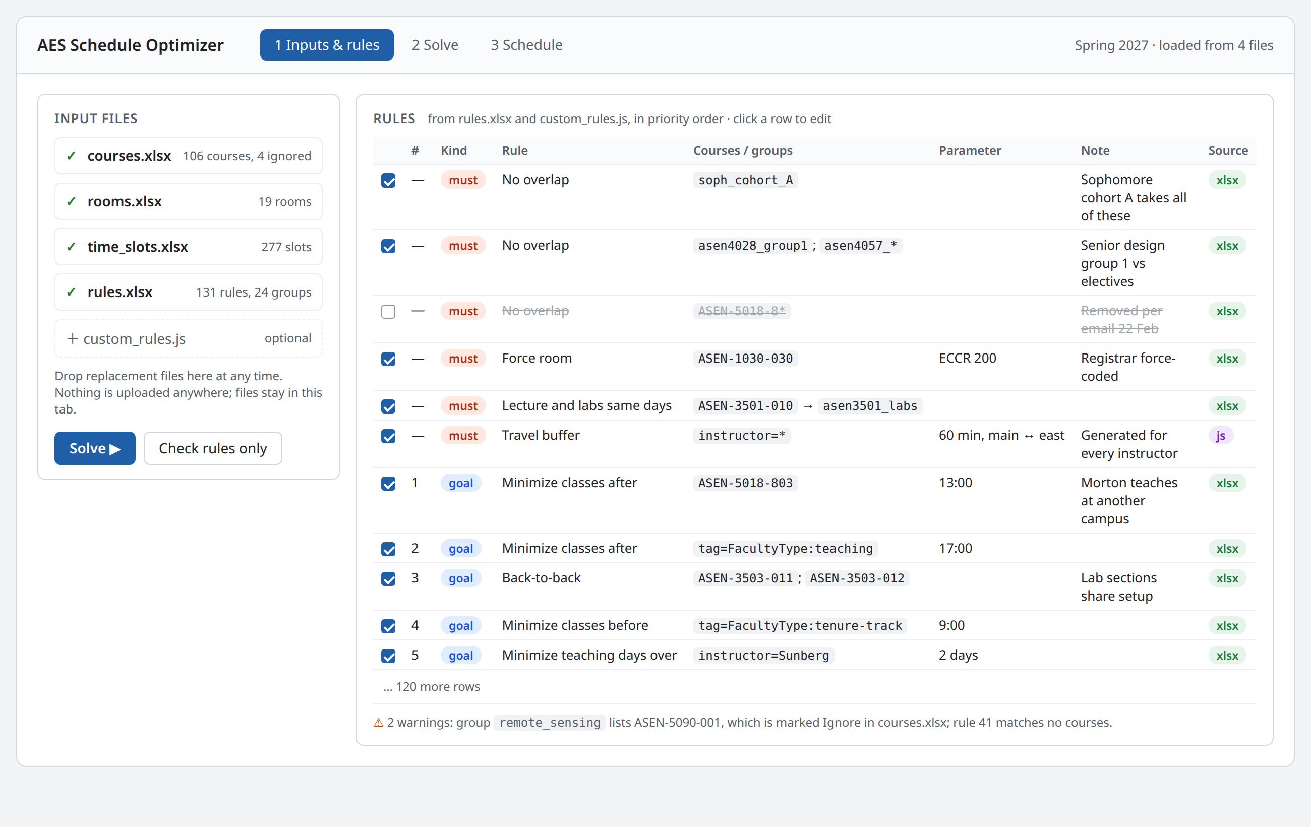 Inputs and rules view